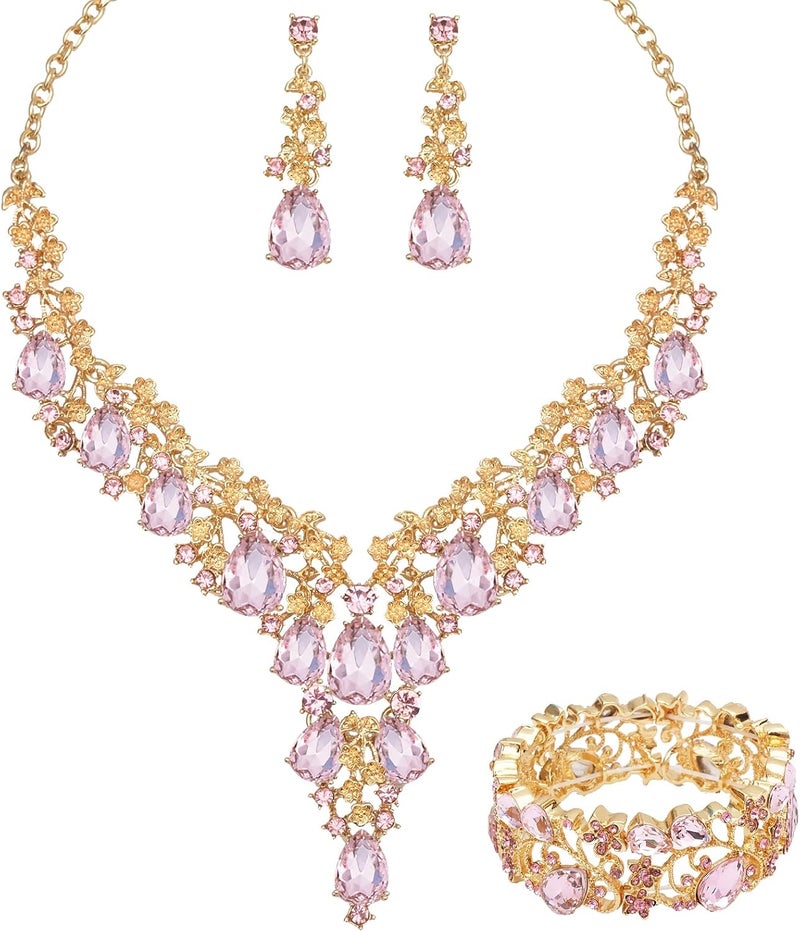 CSY Elegant Crystal Costume Jewelry Sets Flower Bridal Necklace Earrings Stretch Bangle Set for Bride Bridesmaid Wedding Dress Accessories - Image 1